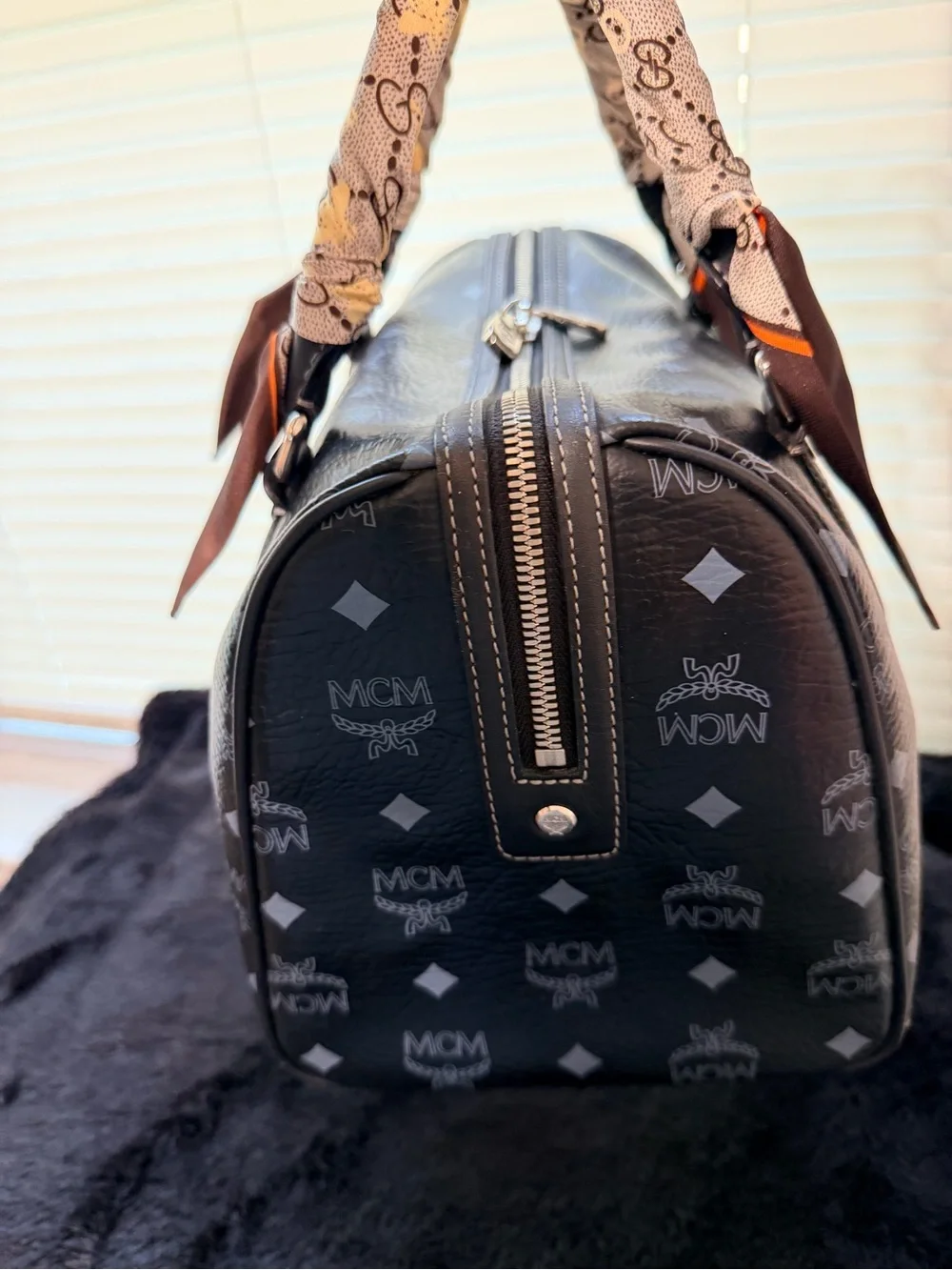 MCM Large Black Monogram Boston Bag with Brown Scarf-Handled Accents